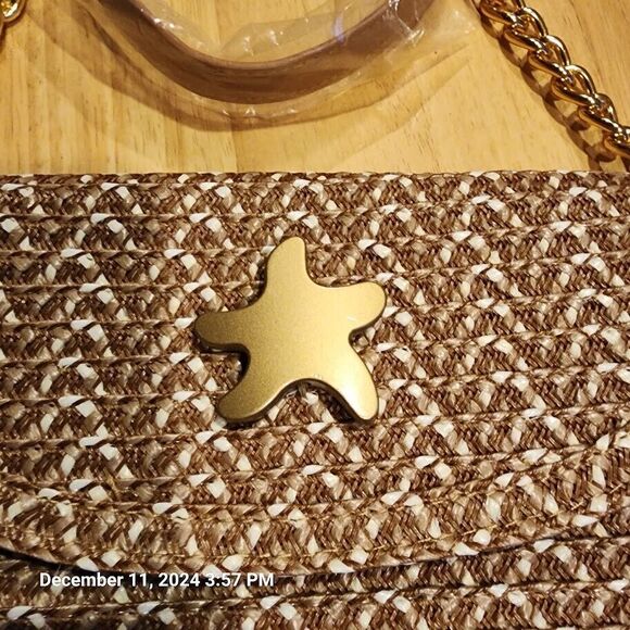 Unbranded Womens Woven Paper Straw Clutch Gold Chain Removable Strap w/Star Logo - Picture 2 of 8